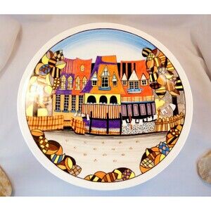 G. Simonova Signed Art  Plate Hand-Painted Colorful Village Scene Ukraine Russia